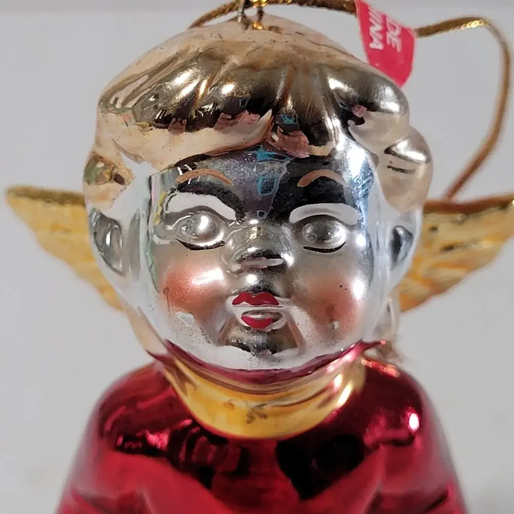 Angel Bell Christmas Ornament - Blond Hair, Red Dress, Gold Wings